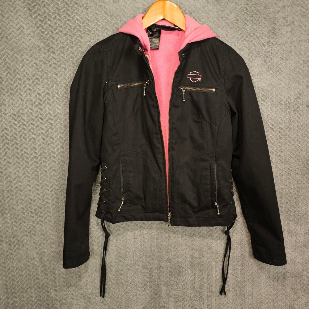 Harley Davidson Womens 3-in-1 Jacket Black Pink Removable Hooded Vest XS Moto